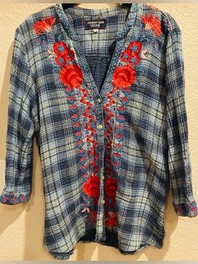Johnny Was Blue Plaid Lightweight Button Cardigan with Red Embroidery